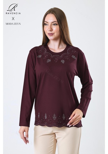 Kadın Orta Yaş ve Üzeri Viskon Yaprak Desenli Eteği Yakası Taşlı Işlemeli Likralı Bordo Anne Penye Bluz