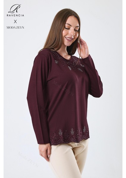 Kadın Orta Yaş ve Üzeri Viskon Yaprak Desenli Eteği Yakası Taşlı Işlemeli Likralı Bordo Anne Penye Bluz fiyatları