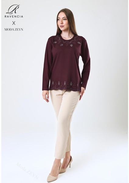 Kadın Orta Yaş ve Üzeri Viskon Yaprak Desenli Eteği Yakası Taşlı Işlemeli Likralı Bordo Anne Penye Bluz modelleri