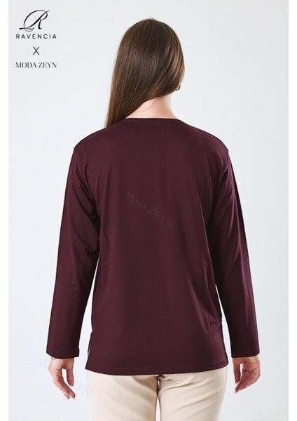 Kadın Orta Yaş ve Üzeri Viskon Yaprak Desenli Eteği Yakası Taşlı Işlemeli Likralı Bordo Anne Penye Bluz indirimleri