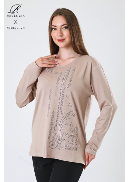 Kadın Orta Yaş ve Üzeri Viskon Halka Şerit Desen Taşlı Işlemeli Likralı Bej Anne Penye Bluz