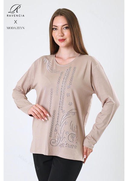 Kadın Orta Yaş ve Üzeri Viskon Halka Şerit Desen Taşlı Işlemeli Likralı Bej Anne Penye Bluz fiyatları
