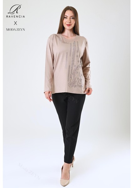 Kadın Orta Yaş ve Üzeri Viskon Halka Şerit Desen Taşlı Işlemeli Likralı Bej Anne Penye Bluz modelleri