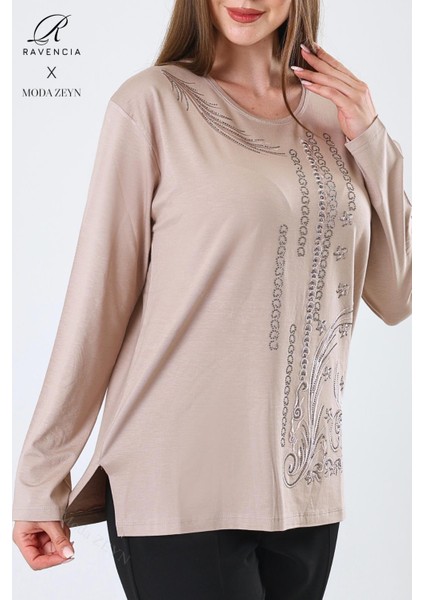 Kadın Orta Yaş ve Üzeri Viskon Halka Şerit Desen Taşlı Işlemeli Likralı Bej Anne Penye Bluz fırsatları