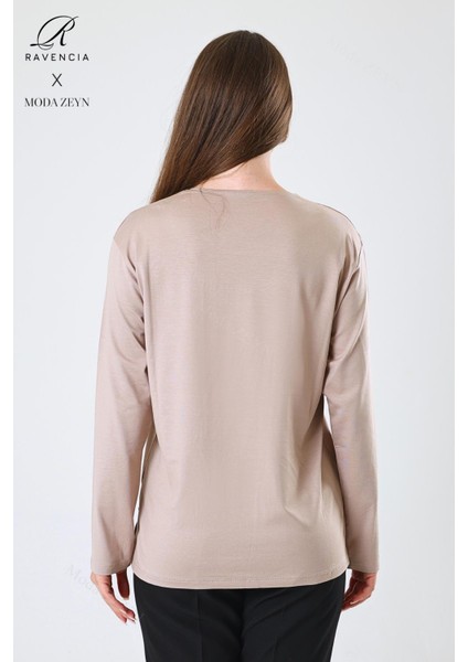 Kadın Orta Yaş ve Üzeri Viskon Halka Şerit Desen Taşlı Işlemeli Likralı Bej Anne Penye Bluz indirimleri