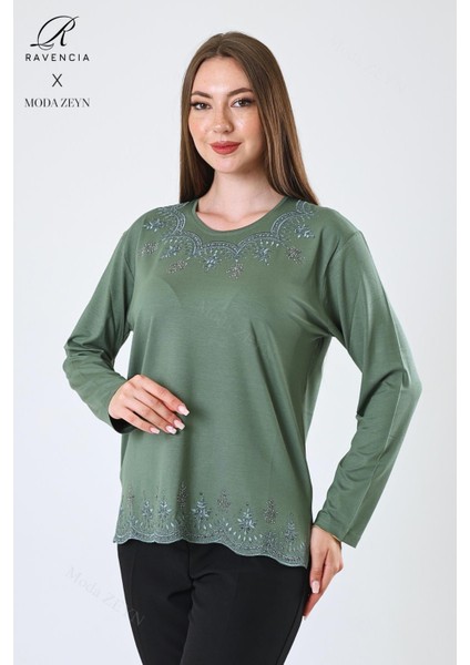 Kadın Orta Yaş ve Üzeri Viskon Yaprak Desenli Eteği Yakası Taşlı Işlemeli Likralı Yeşil Anne Penye Bluz