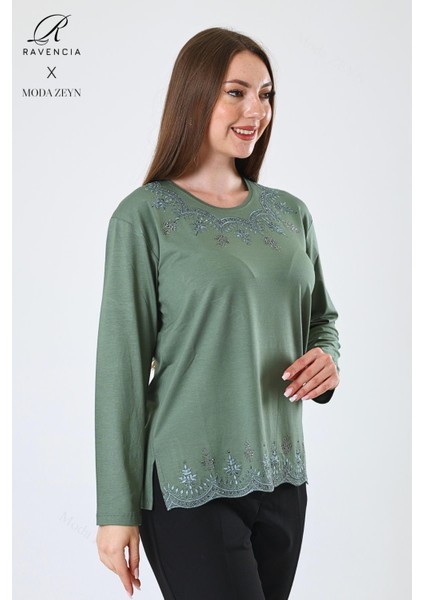 Kadın Orta Yaş ve Üzeri Viskon Yaprak Desenli Eteği Yakası Taşlı Işlemeli Likralı Yeşil Anne Penye Bluz fiyatları