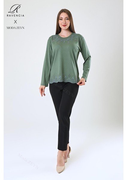 Kadın Orta Yaş ve Üzeri Viskon Yaprak Desenli Eteği Yakası Taşlı Işlemeli Likralı Yeşil Anne Penye Bluz modelleri