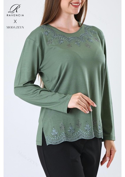 Kadın Orta Yaş ve Üzeri Viskon Yaprak Desenli Eteği Yakası Taşlı Işlemeli Likralı Yeşil Anne Penye Bluz fırsatları