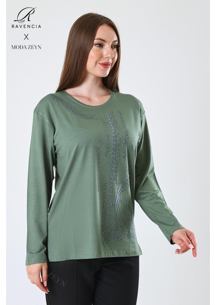 Kadın Orta Yaş ve Üzeri Viskon Halka Şerit Desen Taşlı Işlemeli Likralı Yeşil Anne Penye Bluz