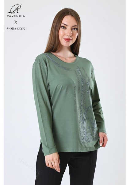 Kadın Orta Yaş ve Üzeri Viskon Halka Şerit Desen Taşlı Işlemeli Likralı Yeşil Anne Penye Bluz fiyatları