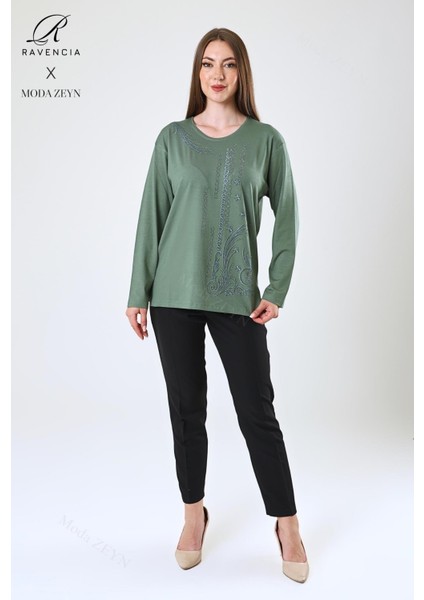 Kadın Orta Yaş ve Üzeri Viskon Halka Şerit Desen Taşlı Işlemeli Likralı Yeşil Anne Penye Bluz modelleri