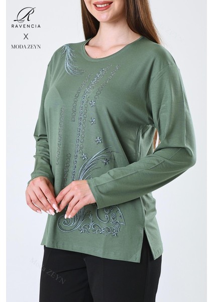 Kadın Orta Yaş ve Üzeri Viskon Halka Şerit Desen Taşlı Işlemeli Likralı Yeşil Anne Penye Bluz fırsatları