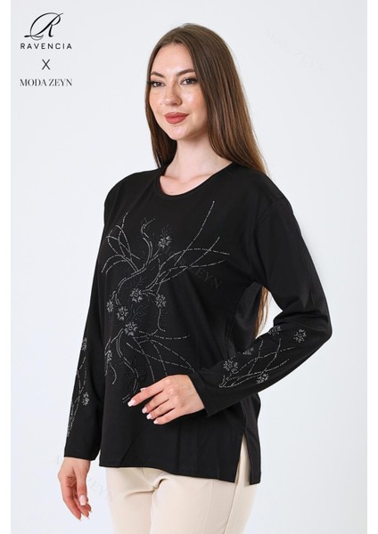 Kadın Orta Yaş ve Üzeri Viskon Yeni Kaplama Desen Taşlı Işlemeli Likralı Siyah Anne Penye Bluz