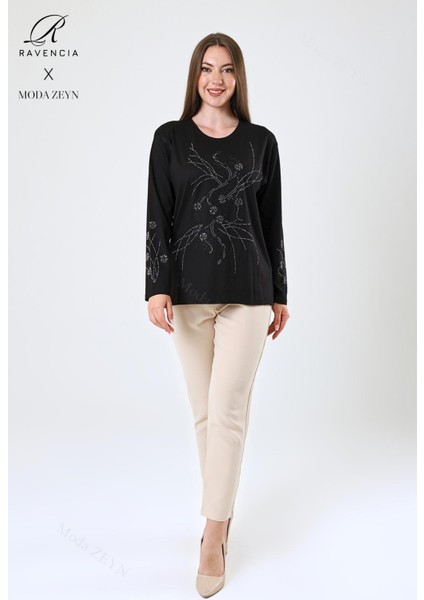 Kadın Orta Yaş ve Üzeri Viskon Yeni Kaplama Desen Taşlı Işlemeli Likralı Siyah Anne Penye Bluz modelleri