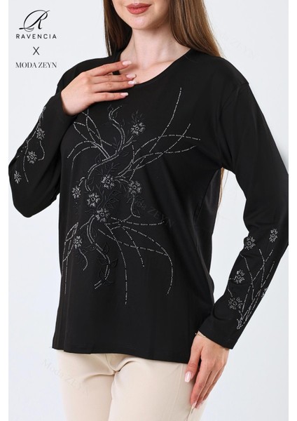 Kadın Orta Yaş ve Üzeri Viskon Yeni Kaplama Desen Taşlı Işlemeli Likralı Siyah Anne Penye Bluz fırsatları