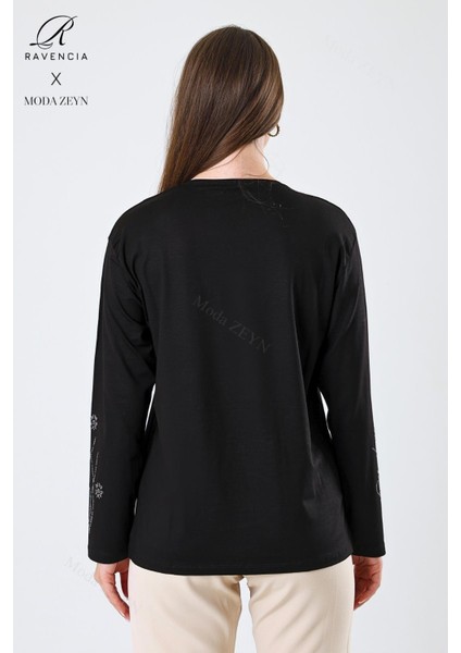 Kadın Orta Yaş ve Üzeri Viskon Yeni Kaplama Desen Taşlı Işlemeli Likralı Siyah Anne Penye Bluz indirimleri