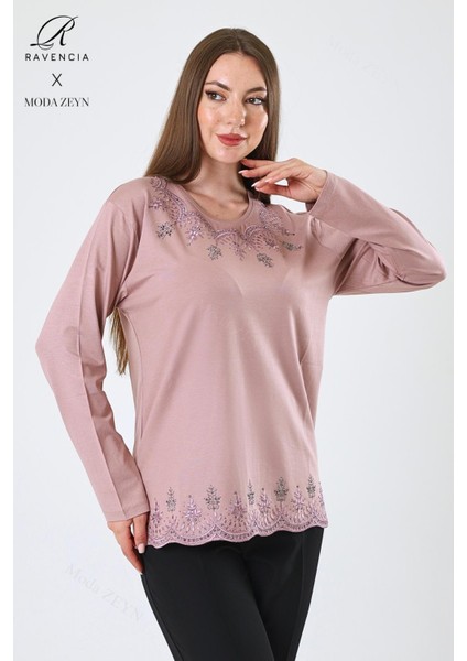 Kadın Orta Yaş ve Üzeri Viskon Yaprak Desenli Eteği Yakası Taşlı Işlemeli Likralı Pudra Anne Penye Bluz