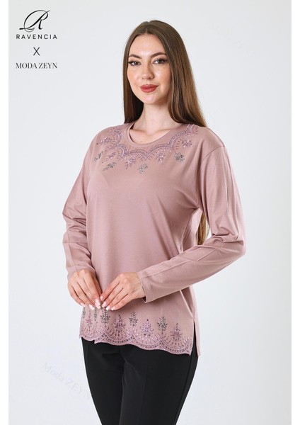 Kadın Orta Yaş ve Üzeri Viskon Yaprak Desenli Eteği Yakası Taşlı Işlemeli Likralı Pudra Anne Penye Bluz fiyatları