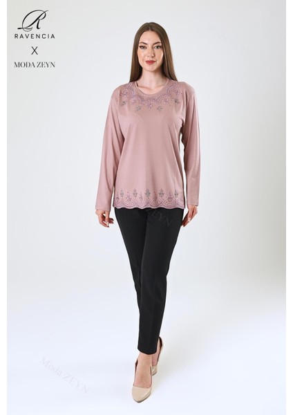 Kadın Orta Yaş ve Üzeri Viskon Yaprak Desenli Eteği Yakası Taşlı Işlemeli Likralı Pudra Anne Penye Bluz modelleri