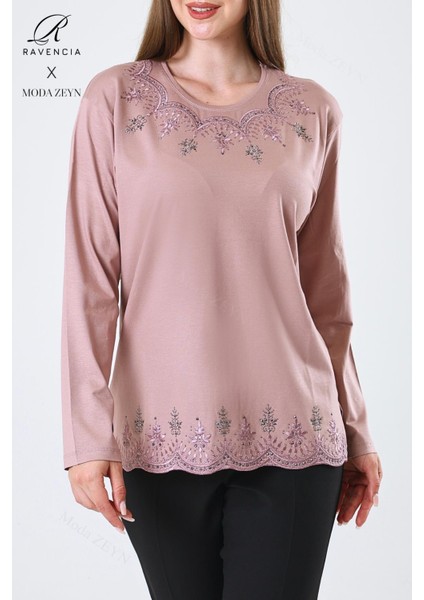 Kadın Orta Yaş ve Üzeri Viskon Yaprak Desenli Eteği Yakası Taşlı Işlemeli Likralı Pudra Anne Penye Bluz fırsatları