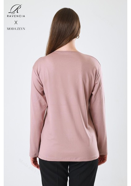 Kadın Orta Yaş ve Üzeri Viskon Yaprak Desenli Eteği Yakası Taşlı Işlemeli Likralı Pudra Anne Penye Bluz indirimleri