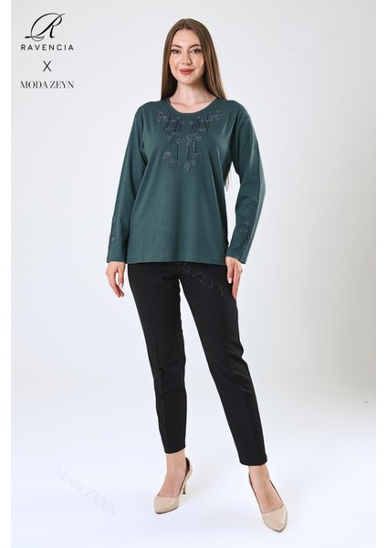 Kadın Orta Yaş ve Üzeri Viskon Damla Yaprak Desen Taşlı Işlemeli Likralı Zümrüt Anne Penye Bluz fiyatları