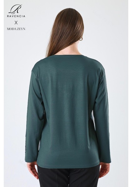 Kadın Orta Yaş ve Üzeri Viskon Damla Yaprak Desen Taşlı Işlemeli Likralı Zümrüt Anne Penye Bluz modelleri