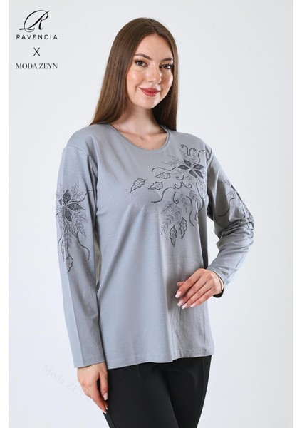 Kadın Orta Yaş ve Üzeri Viskon Çiçek Desen Taşlı Işlemeli Likralı Gri Anne Penye Bluz