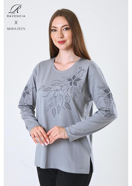 Kadın Orta Yaş ve Üzeri Viskon Çiçek Desen Taşlı Işlemeli Likralı Gri Anne Penye Bluz fiyatları