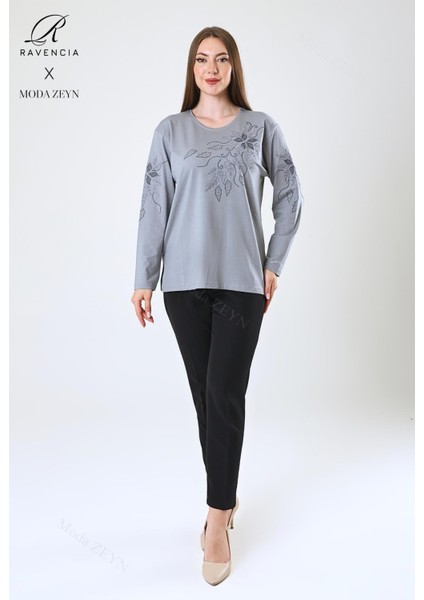 Kadın Orta Yaş ve Üzeri Viskon Çiçek Desen Taşlı Işlemeli Likralı Gri Anne Penye Bluz modelleri