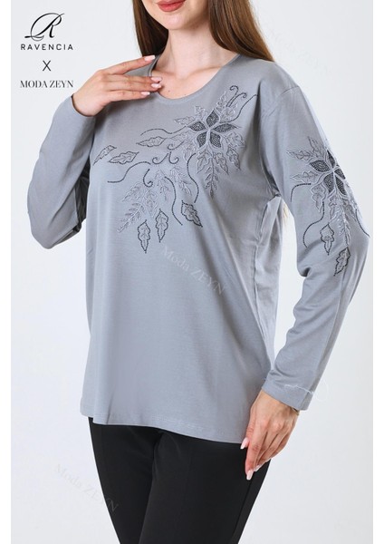 Kadın Orta Yaş ve Üzeri Viskon Çiçek Desen Taşlı Işlemeli Likralı Gri Anne Penye Bluz fırsatları