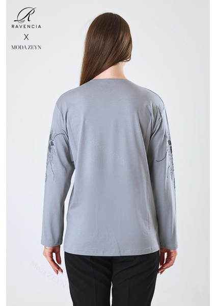 Kadın Orta Yaş ve Üzeri Viskon Çiçek Desen Taşlı Işlemeli Likralı Gri Anne Penye Bluz indirimleri