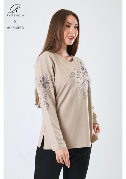 Kadın Orta Yaş ve Üzeri Viskon Çiçek Desen Taşlı Işlemeli Likralı Bej Anne Penye Bluz fiyatları