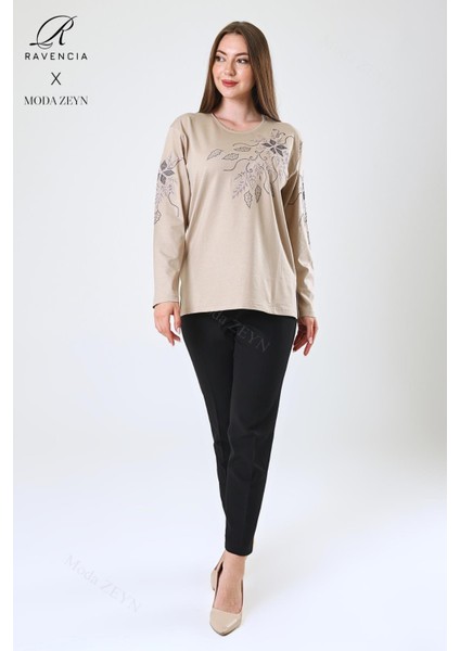 Kadın Orta Yaş ve Üzeri Viskon Çiçek Desen Taşlı Işlemeli Likralı Bej Anne Penye Bluz modelleri
