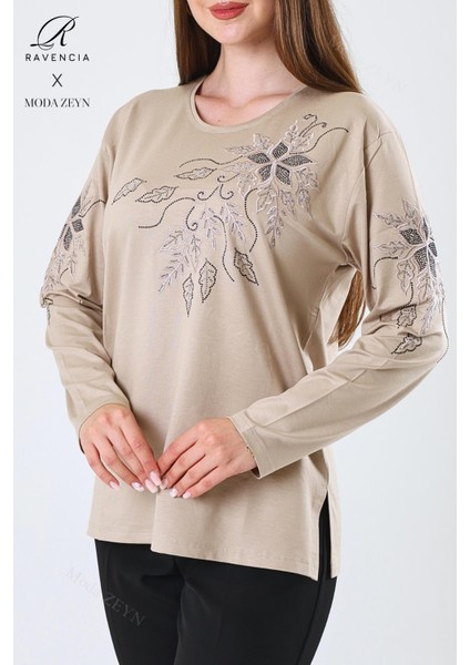 Kadın Orta Yaş ve Üzeri Viskon Çiçek Desen Taşlı Işlemeli Likralı Bej Anne Penye Bluz fırsatları