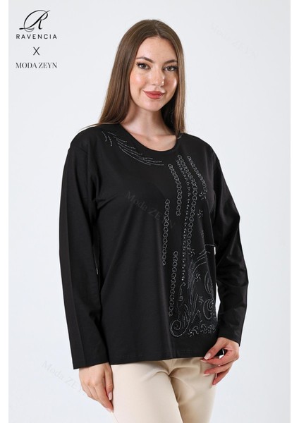 Kadın Orta Yaş ve Üzeri Viskon Halka Şerit Desen Taşlı Işlemeli Likralı Siyah Anne Penye Bluz