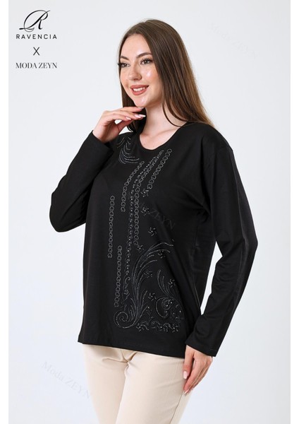 Kadın Orta Yaş ve Üzeri Viskon Halka Şerit Desen Taşlı Işlemeli Likralı Siyah Anne Penye Bluz fiyatları