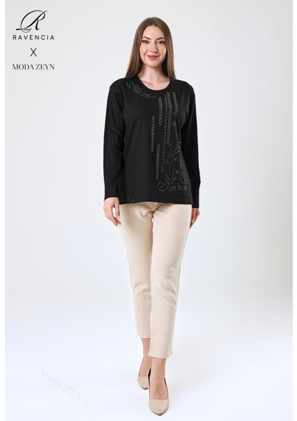 Kadın Orta Yaş ve Üzeri Viskon Halka Şerit Desen Taşlı Işlemeli Likralı Siyah Anne Penye Bluz modelleri