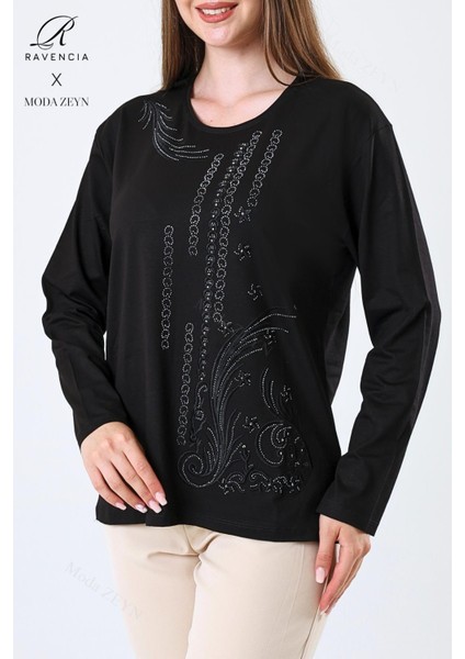 Kadın Orta Yaş ve Üzeri Viskon Halka Şerit Desen Taşlı Işlemeli Likralı Siyah Anne Penye Bluz fırsatları