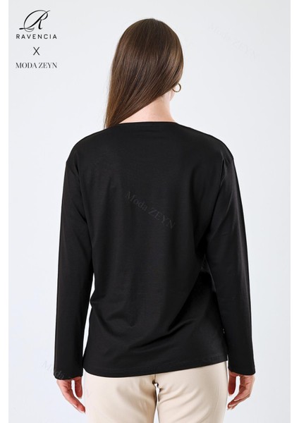 Kadın Orta Yaş ve Üzeri Viskon Halka Şerit Desen Taşlı Işlemeli Likralı Siyah Anne Penye Bluz indirimleri