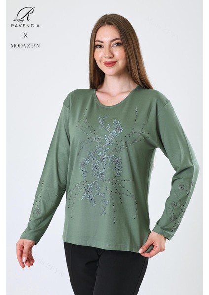 Kadın Orta Yaş ve Üzeri Viskon Yeni Kaplama Desen Taşlı Işlemeli Likralı Yeşil Anne Penye Bluz