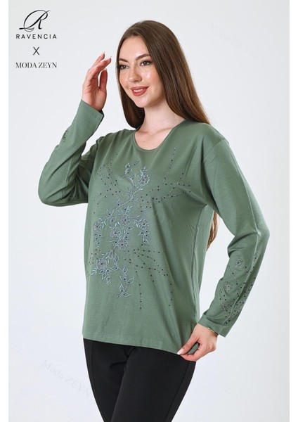 Kadın Orta Yaş ve Üzeri Viskon Yeni Kaplama Desen Taşlı Işlemeli Likralı Yeşil Anne Penye Bluz fiyatları