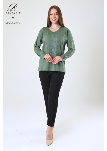 Kadın Orta Yaş ve Üzeri Viskon Yeni Kaplama Desen Taşlı Işlemeli Likralı Yeşil Anne Penye Bluz modelleri