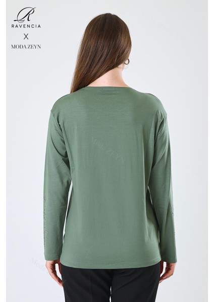 Kadın Orta Yaş ve Üzeri Viskon Yeni Kaplama Desen Taşlı Işlemeli Likralı Yeşil Anne Penye Bluz fırsatları