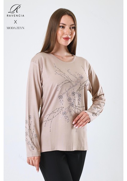 Kadın Orta Yaş ve Üzeri Viskon Yeni Kaplama Desen Taşlı Işlemeli Likralı Bej Anne Penye Bluz