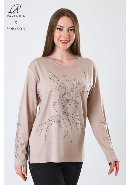 Kadın Orta Yaş ve Üzeri Viskon Yeni Kaplama Desen Taşlı Işlemeli Likralı Bej Anne Penye Bluz fiyatları