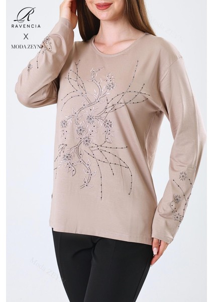 Kadın Orta Yaş ve Üzeri Viskon Yeni Kaplama Desen Taşlı Işlemeli Likralı Bej Anne Penye Bluz fırsatları