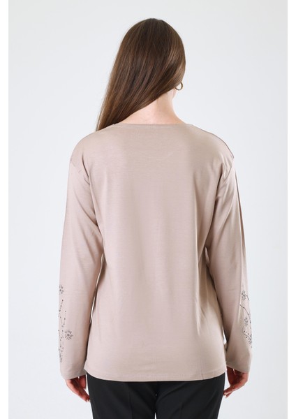 Kadın Orta Yaş ve Üzeri Viskon Yeni Kaplama Desen Taşlı Işlemeli Likralı Bej Anne Penye Bluz indirimleri