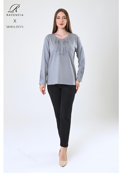 Kadın Orta Yaş ve Üzeri Viskon Damla Yaprak Desen Taşlı Işlemeli Likralı Gri Anne Penye Bluz modelleri